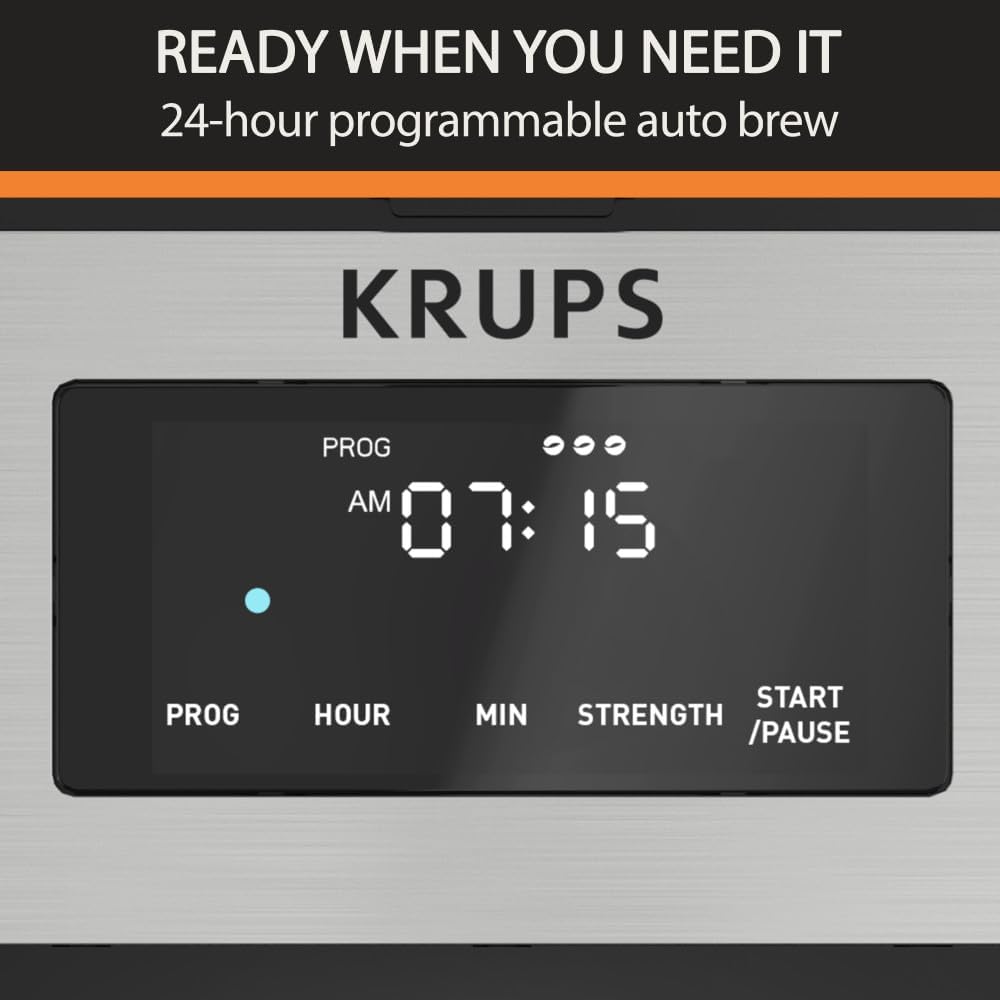 KRUPS Simply Brew: Stainless Steel and Glass Carafe 14 Cup Drip Coffee Maker, Programmable with Digital Display, Dishwasher Safe, Drip Free Coffee Machine, Black and Silver