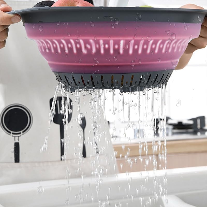 Collapsible Colander Set, Square Round Triangles Silicone Kitchen Strainer Perfect for Draining Pasta Vegetable fruit 2 PCS (Green & Red, 12"L x 9.5"W x 2.3"H)