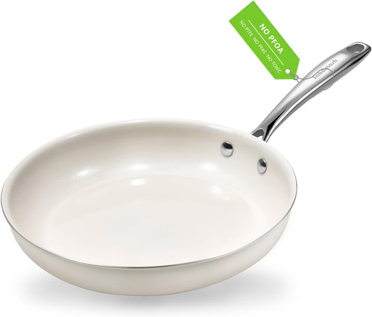9.5" Ceramic Nonstick Frying Pan, Skillet, Cooking Pan Non Toxic with Stay Cool Handle for Induction, PTFE & PFAS & PFOA Free, Dishwasher/Oven Safe, White