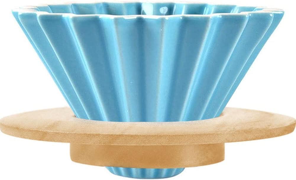 Ceramic Coffee Dripper Pour Over Coffee Maker with Wood Stand Elegant Flower Shape V60 Filter (blue)