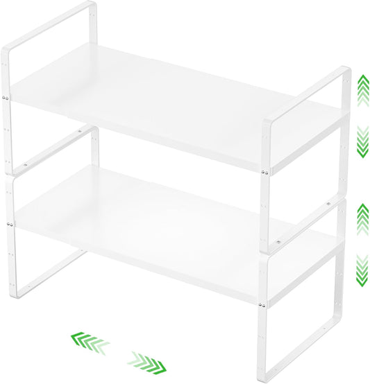 Expandable Cabinet Storage Shelf Stackable Organizer Rack for Kitchen Bathroom Pantry Spice Cupboard Countertop Home Office Desk Heavy Duty Nonslip White Small 2 PACK