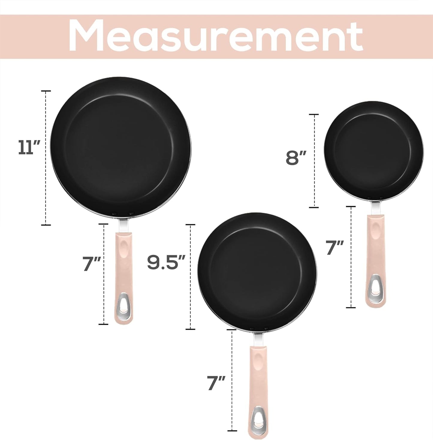Utopia Kitchen Nonstick Cookware 3 Piece Set, Non-Stick Frying Pans with Induction Bottom, 8, 9.5 & 11 Inches Frying Pans with Bakelite Handles, PFOA Free, Pink & Black