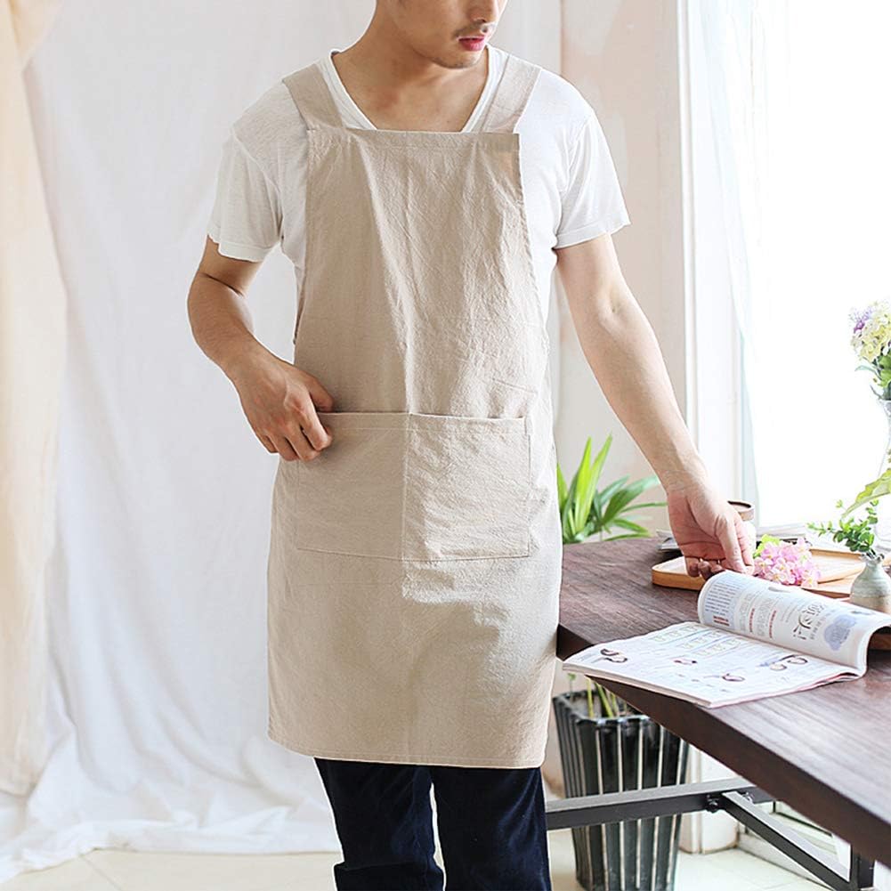 NEWGEM Japanese Linen Cross Back Cooking Aprons for Women Men with Pockets Cute for Baking Kitchen