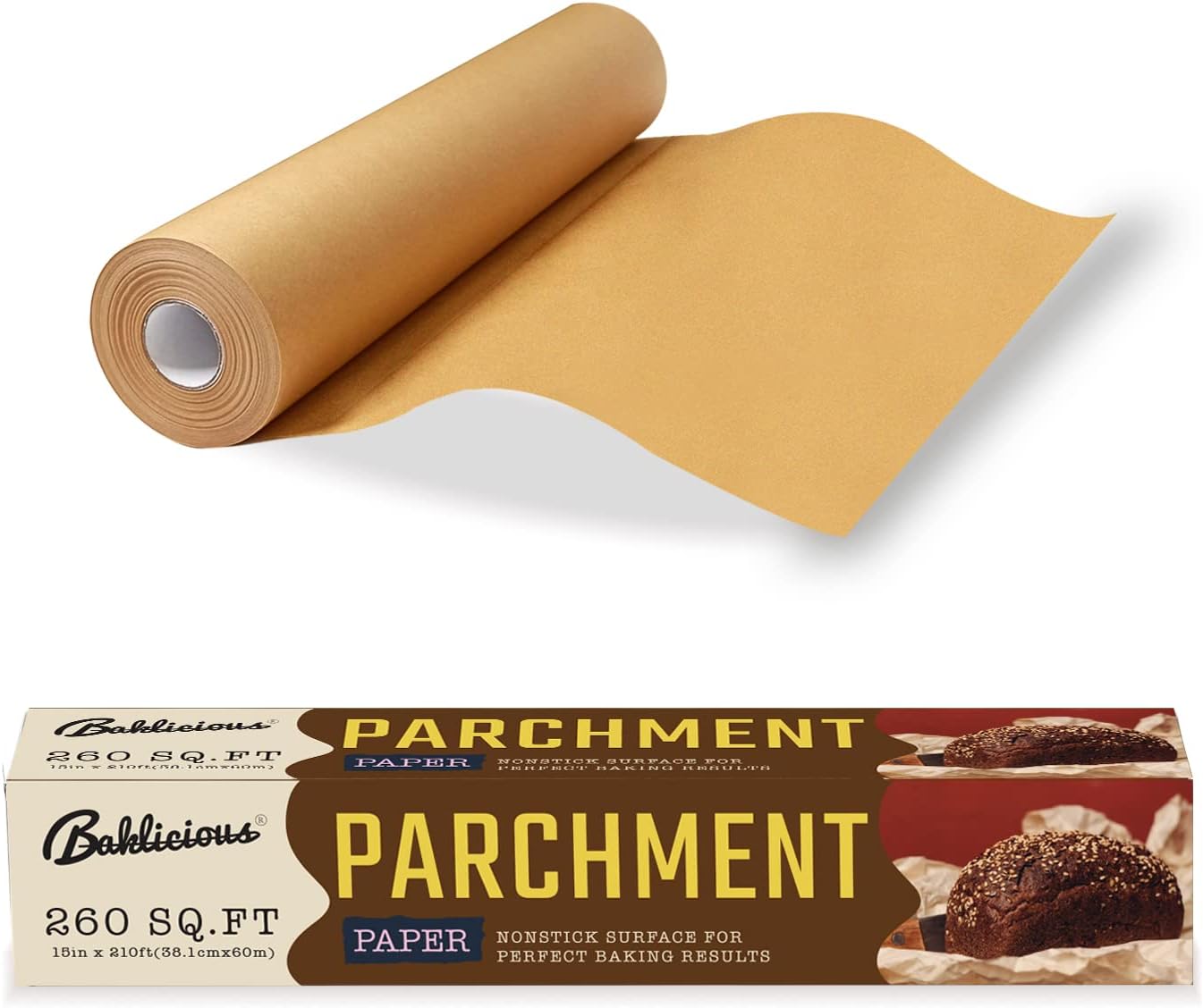 Unbleached Parchment Paper Roll for Baking, 15 in x 210 Ft, 260 Sq.Ft, Non-stick Baking Paper, Food Grade Cooking Paper for Bread, Cookies, Heat Press, Oven, Air Fry