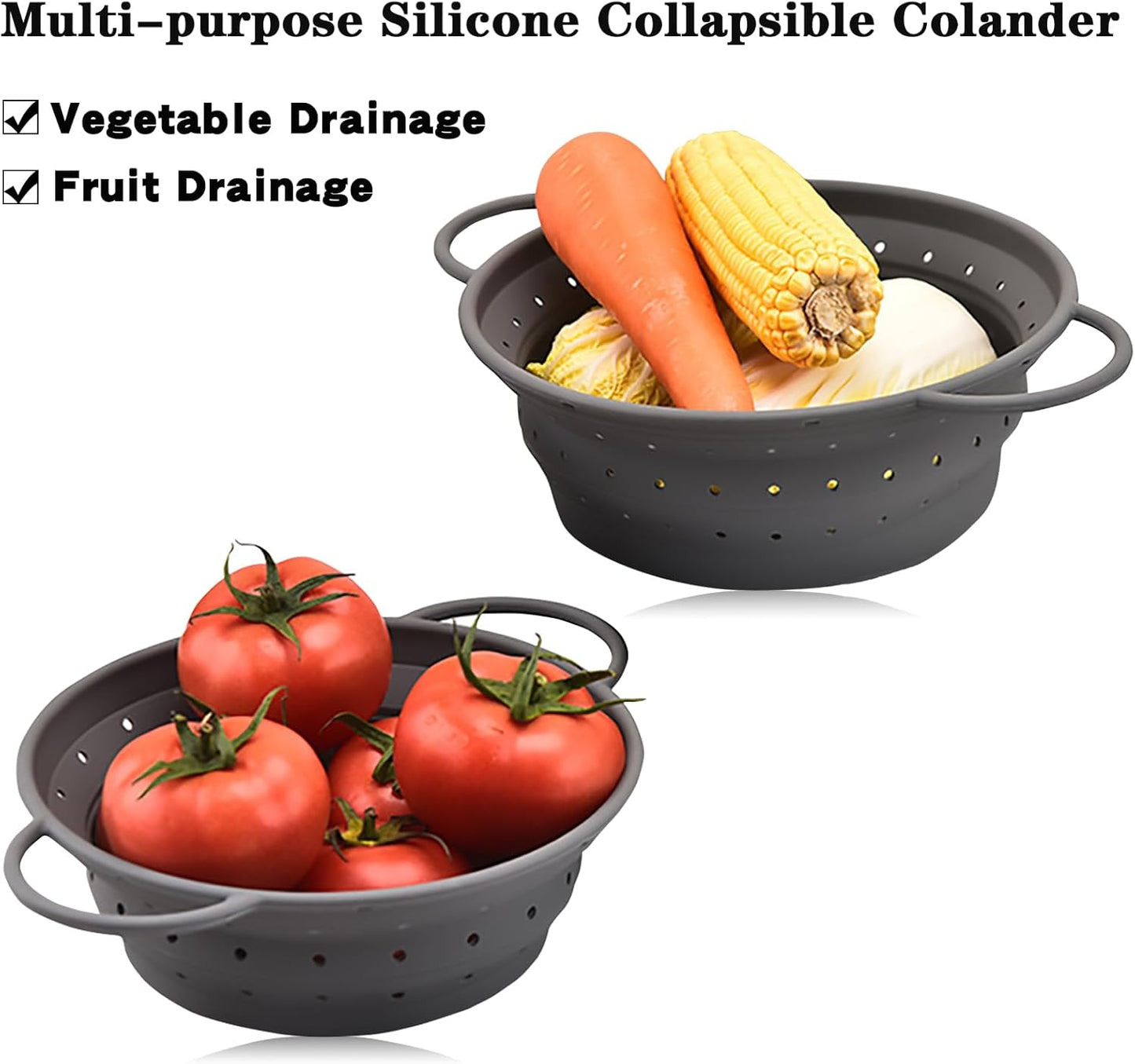 Silicone Collapsible Colander with Handle, Kitchen Colander for Easy Storage,Four-side Fast Draining Silicone Draining Basket, Perfect for Fruits Vegetables (Gray M)