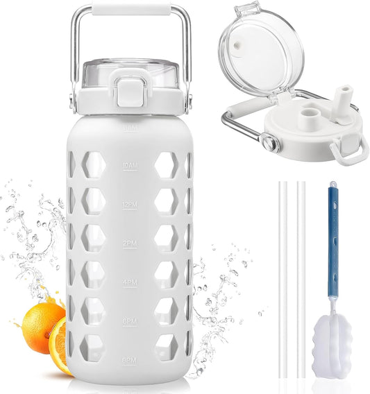MUKOKO 64oz Glass Water Bottles with Straw and Lid,Half Gallon Water Bottle with Time Marker,Large Glass Water Jug with Silicone Sleeve and Stainless Steel Handle-White