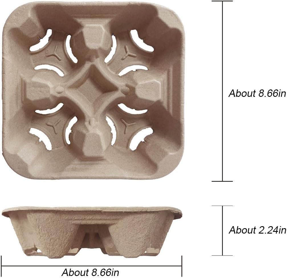 Disposable Compostable 4 Cup Drink Carriers,w/Extra-Deep Slots Secures 8-32oz Cups, Durable Pulp Fiber Holder for Coffee/Bubble Tea/Soda - Delivery, Takeout,Restaurants (100 Pack)