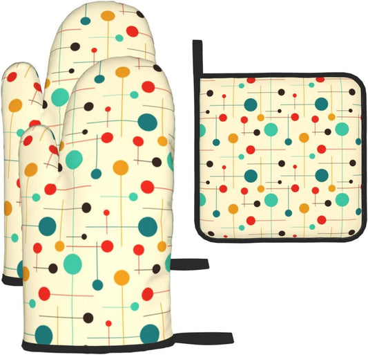 Mid Century Modern Atomic Retro Oven Mitts and Pot Holders Sets of 3 Heat Resistant Yellow Hot Pads Oven Gloves for Kitchen Cooking BBQ Baking
