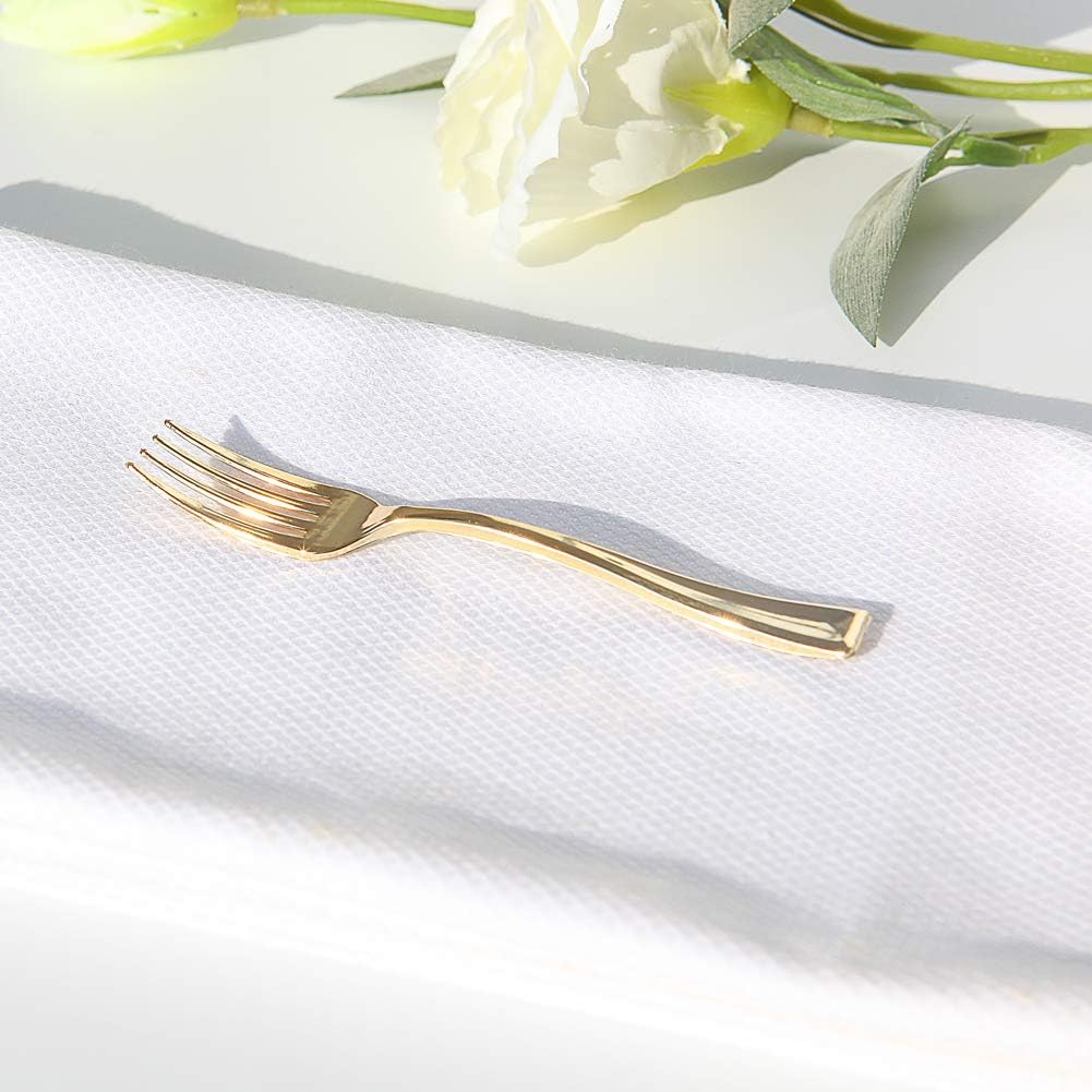 WDF Disposable Plastic Mini Forks 300 Pieces 4 Inches | Gold Plastic Forks | Heavy Duty Plastic Tasting Forks | Perfect for Small Appetizers and Desserts