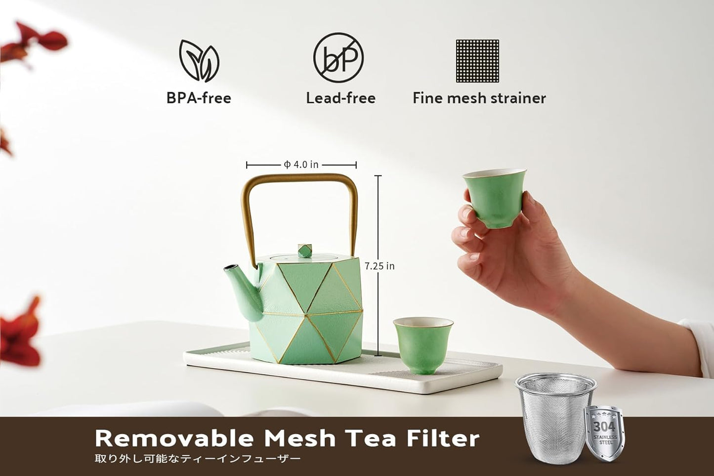 Toptier Cast Iron Teapot, Stovetop Safe Japanese Cast Iron Tea Kettle, Diamond Design Tea Pot with Removable Infuser for Loose Tea, 30 Ounce (900 ml), Light Green