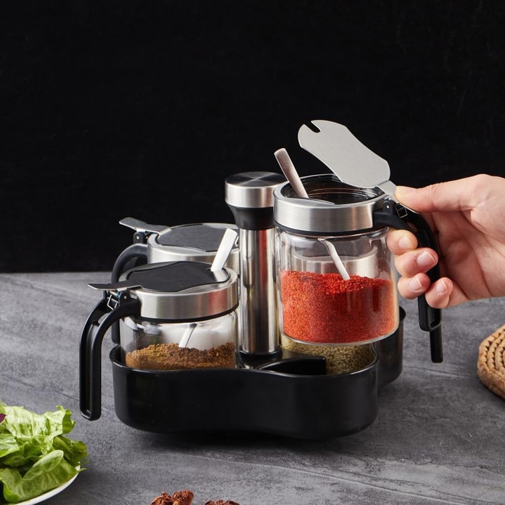 TINMIX Revolving Condiment Pots Sugar Bowl Salt & Pepper Cellar with Lid and Spoon, Set of 4 Seasoning Box Spice Jar with 360 Rotating Tray for Kitchen, 3 Pots+1 Oil Dispenser