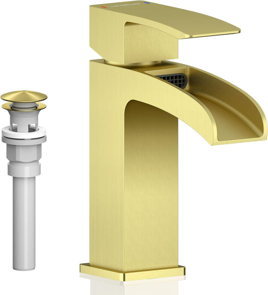 Brushed Gold Bathroom Faucet Waterfall Vanity Faucet for Brass 1 Hole Sink Single Handle Modern Mixer Tap with Pop-up Drain Stopper for Lavatory Farmhouse Rv
