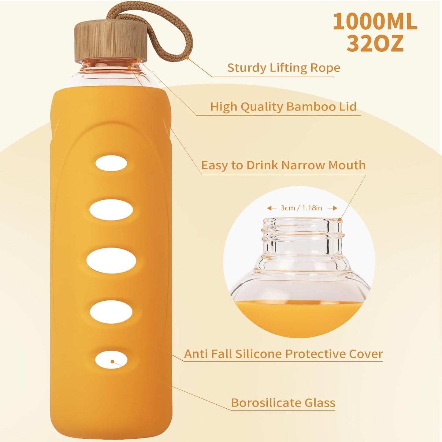 Sport 32oz Glass Water Bottle 1000ml /1 liter Borosilicate Glass Water Bottle Reusable Waterbottle Jugwith Silicone Sleeve and Unique Lid (Orange