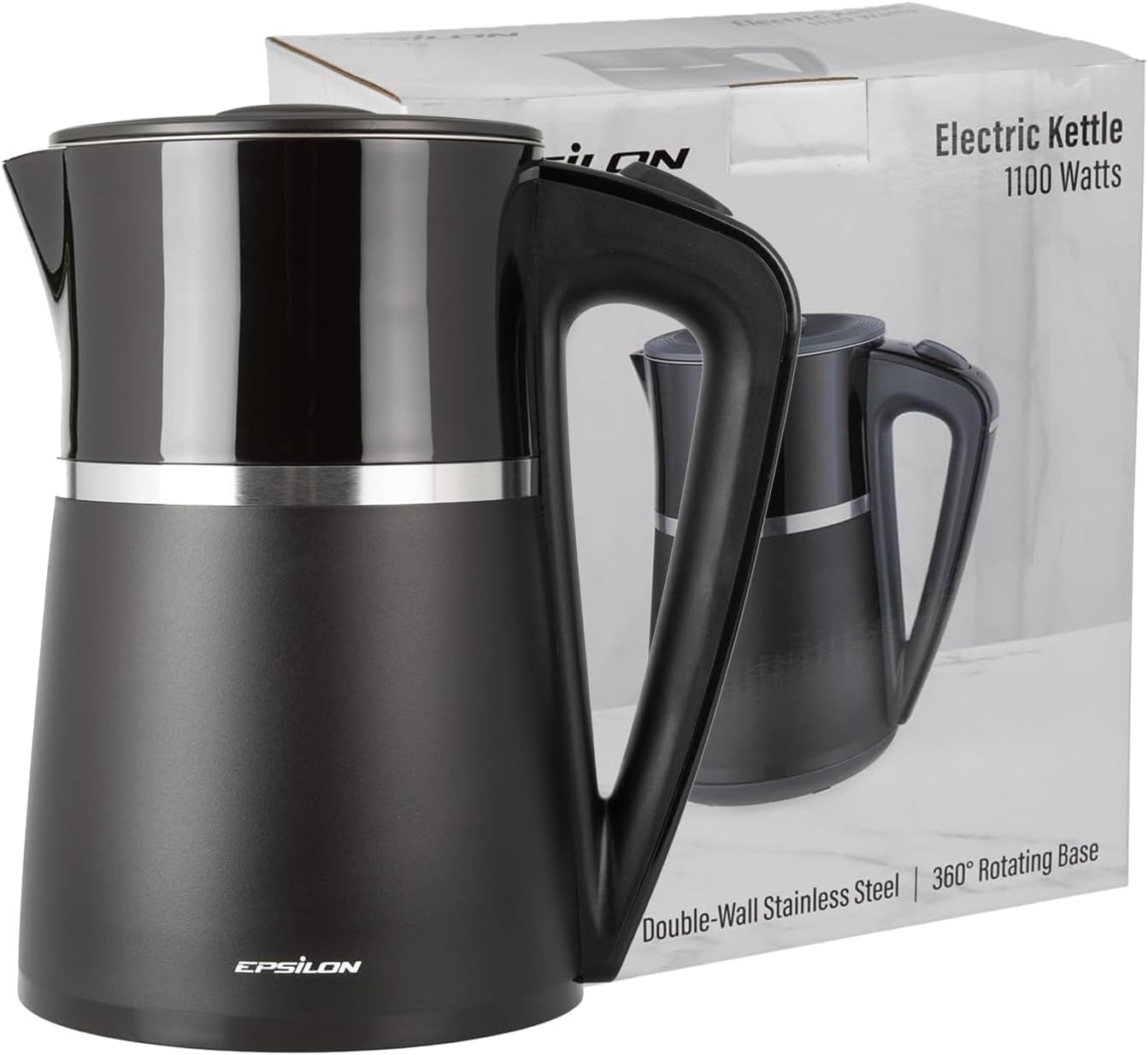 Epsilon Double Wall Electric Kettle 1500W – 1.7L Hot Water Tea Kettle & Hot Water Boiler with Auto Shut-Off, Boil Dry Protection, BPA-Free Stainless Steel Electric Teapot Fast Boil, Cool Touch Design