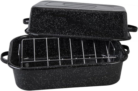 Granite Ware 21 in Oven Rectangular Roaster with lid and V Rack (Speckled Black) - Accommodates up to 25 lb poultry or roast.