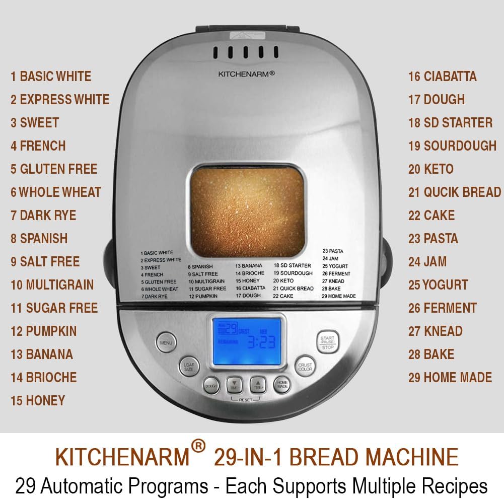 KITCHENARM 29-in-1 SMART Bread Machine with Gluten Free Setting 2LB 1.5LB 1LB Bread Maker Machine with Homemade Cycle - Stainless Steel Breadmaker with Recipes Whole Wheat Bread Making Machine