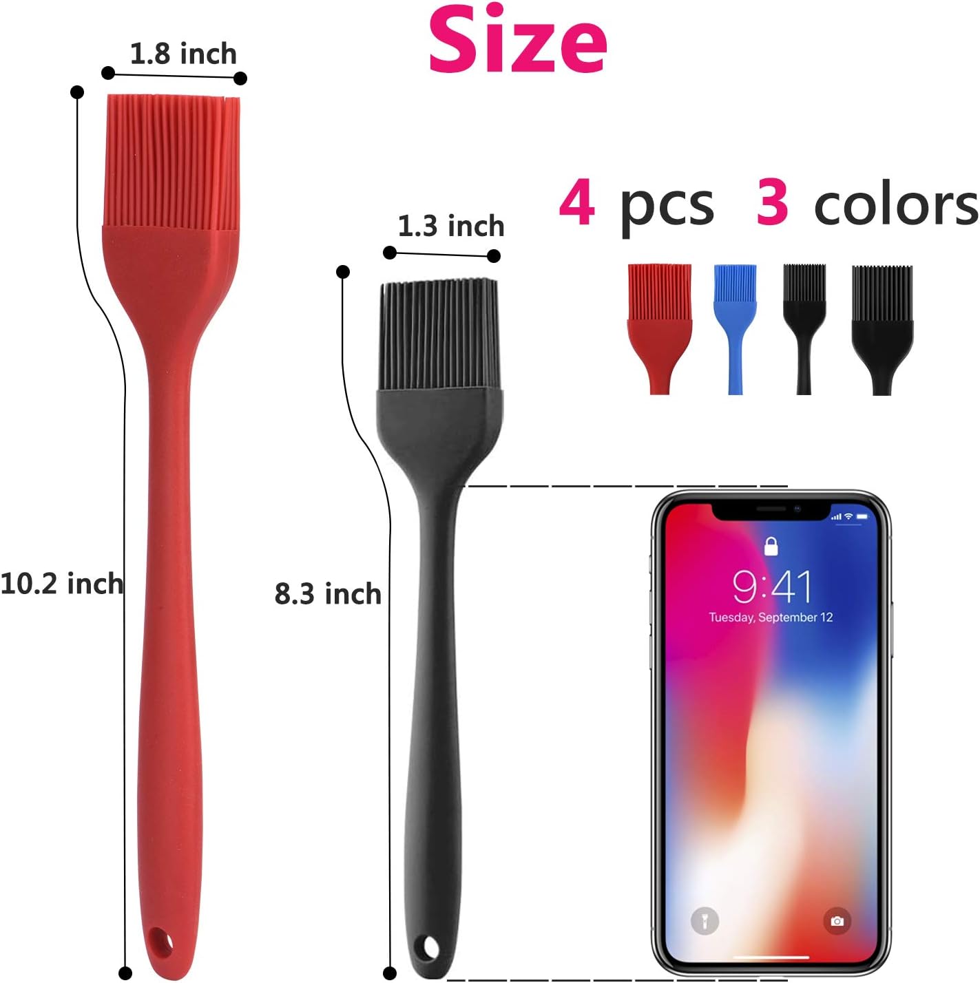 Silicone Basting Pastry Brush Set 4 Pack Heat Resistant Spread Oil Butter Sauce for BBQ Grill Barbeque Kitchen Baking Cooking Pastries, 2 Large & 2 Small Multicolor
