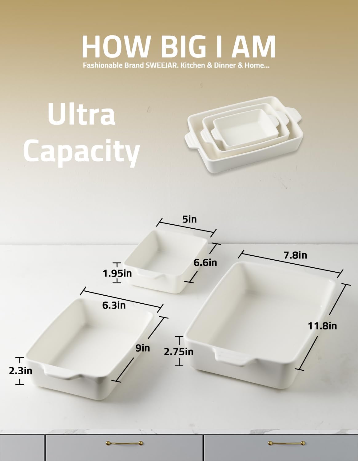 Sweejar Ceramic Bakeware Set, Rectangular Baking Dish for Oven Lasagna Pans for Cooking, Kitchen, Cake Dinner, Banquet and Daily Use, 11.8 x 7.8 x 2.76 Inches of Casserole Dishes (Yellow)