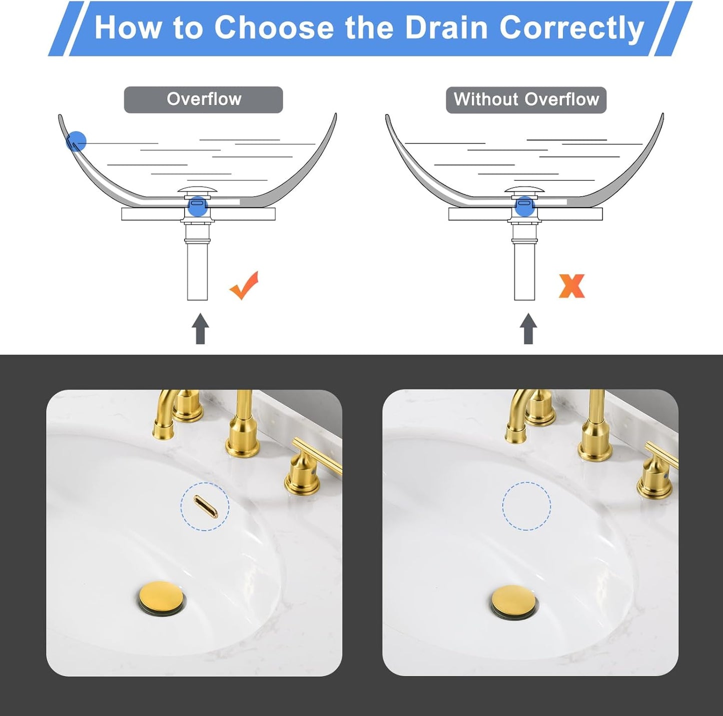 ARCORA Bathroom Sink Drain with Overflow 2 Pack, Brushed Gold Pop Up Drain Stopper Vanity Vessel Sink Clicker Drain Stopper