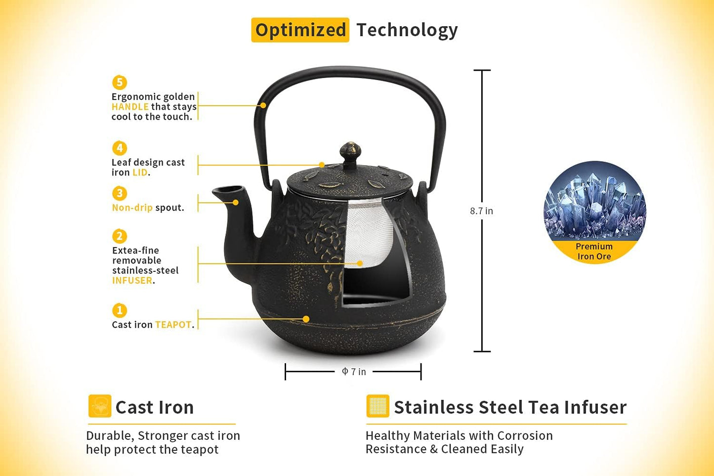 Tea Kettle, Toptier Japanese Cast Iron Tea Kettle for Stove Top, Stovetop Safe Cast Iron Teapot with Infusers for Loose Tea, 40 Ounce (1200 ml), Black