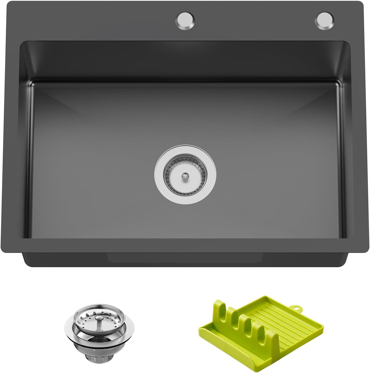 Black 25x18 Inch Kitchen And Bar Sink - Stainless Steel Drop In Single Bowl Topmount Modern Kitchen And Bar Sink With Spoon Rest,Drain Strainer Set Compatibility With Various Kitchen&Bar Style