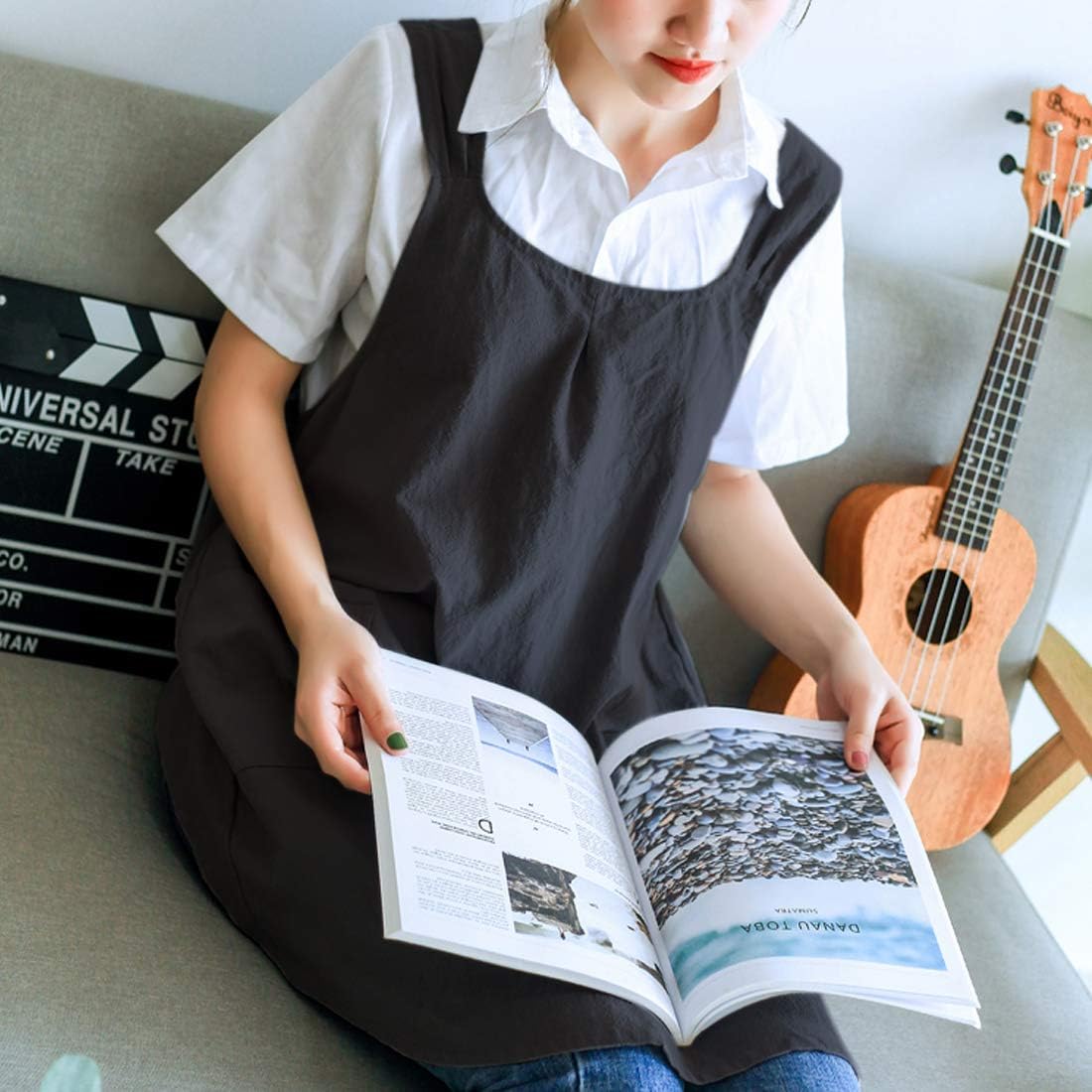 NEWGEM Japanese Linen Cross Back Cooking Aprons for Women Men with Pockets Cute for Baking Kitchen