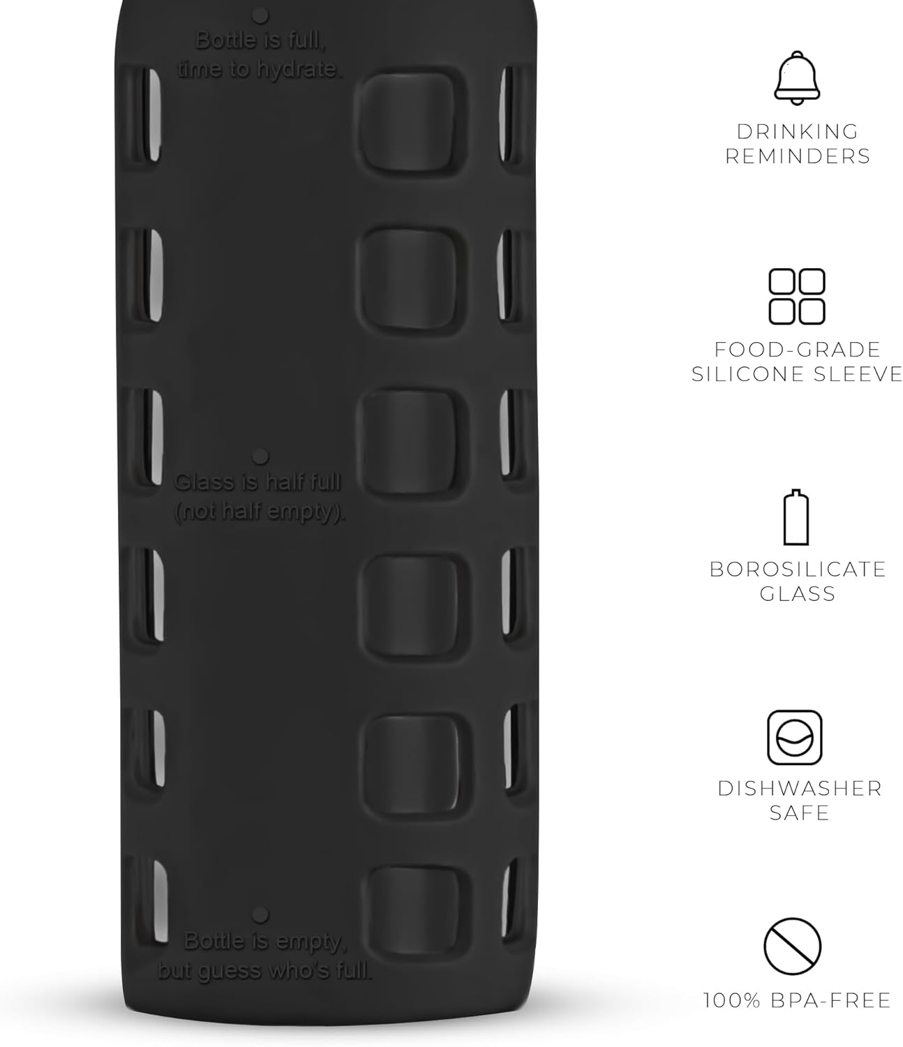 purifyou 40oz / 32oz / 22oz / 12oz Borosilicate Glass Water Bottle with Time & Volume Markers, Silicone Sleeve, Stainless Steel Lid – Reusable Glass Bottle for Water & Juice (12oz Jet Black)