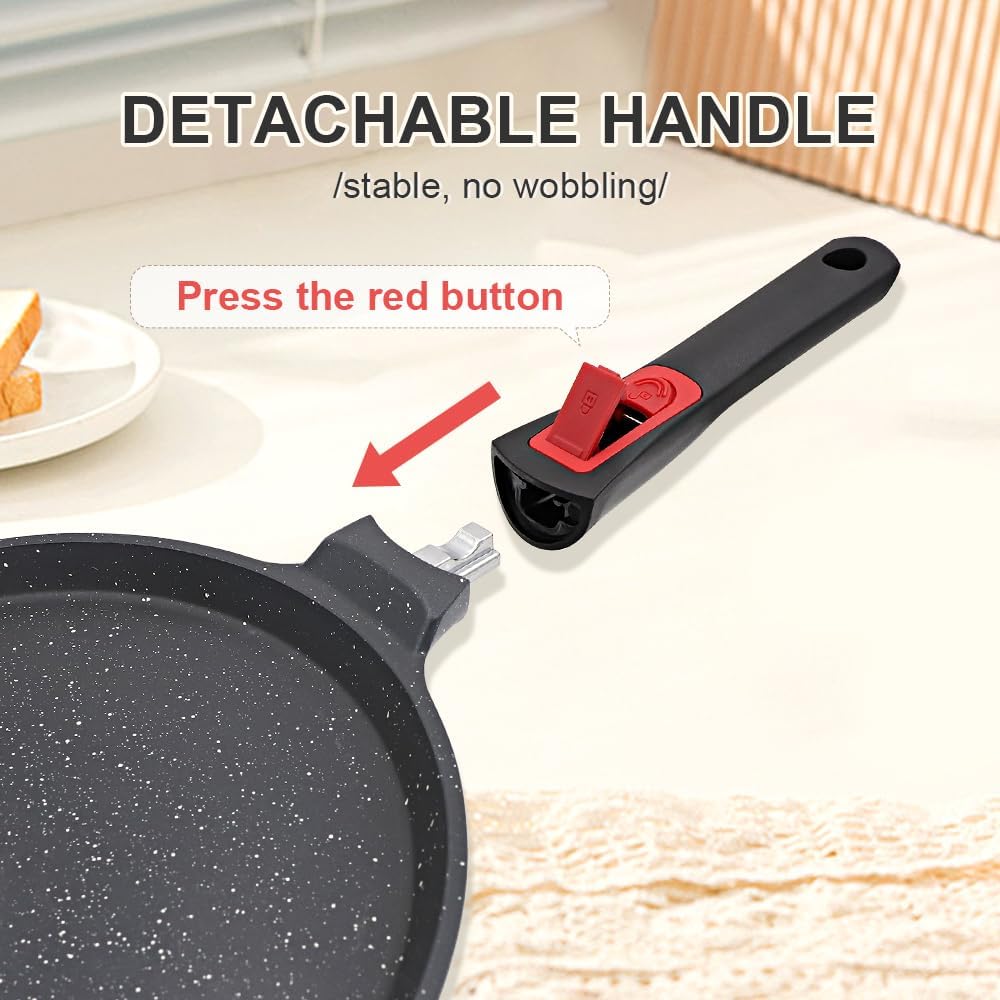 Non Stick Crepe Pan with Detachable Handle, 10 Inch Cast Aluminium Dosa Tawa Tortilla Pan, Pancake Pan Induction Compatible - Black