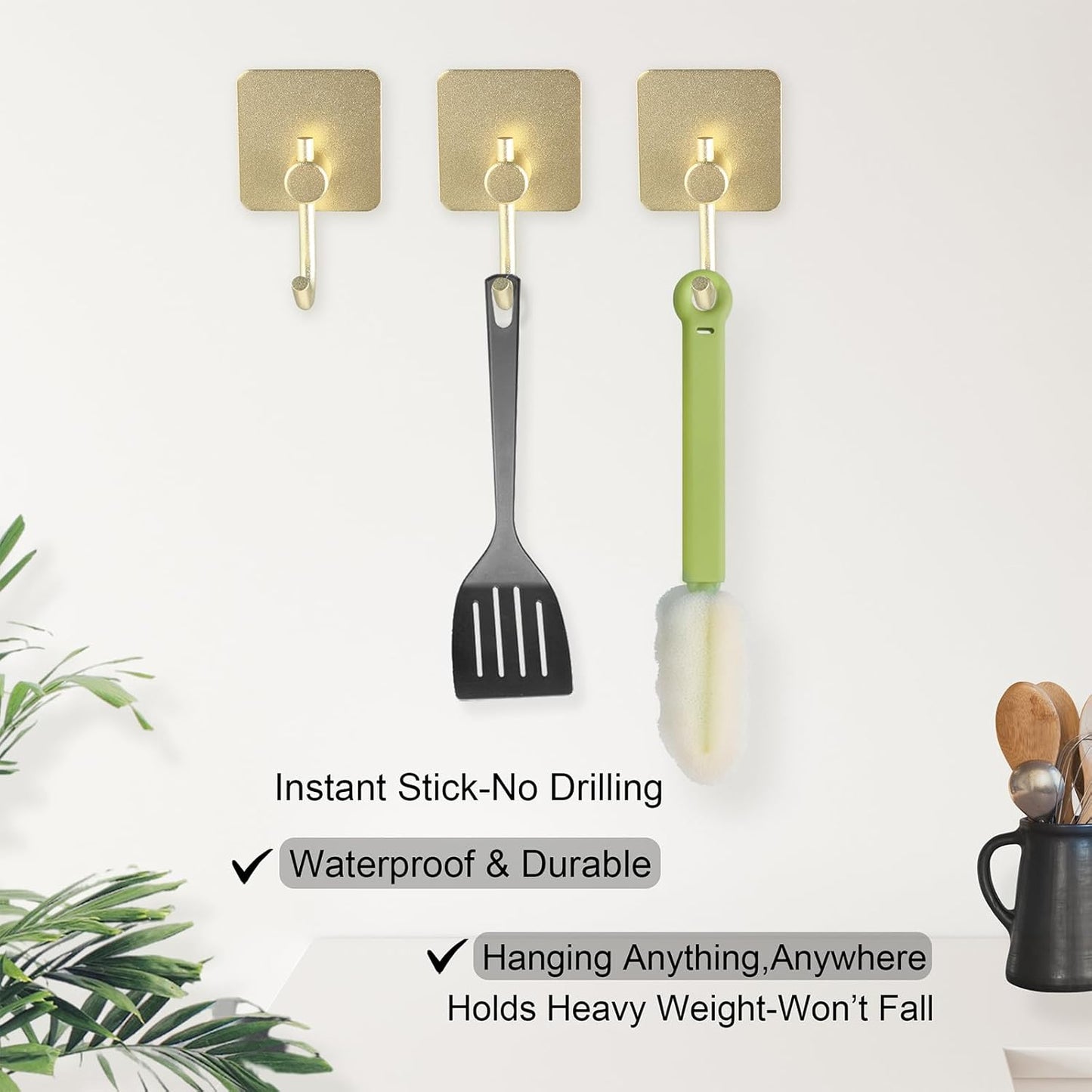 Aluminum Wall Hooks, No Drill Damage-Free Adhesive Hook, Product for Hanging Heavy Duty for Bathroom Kitchen Home (Curved Square Gold Hook, 4)