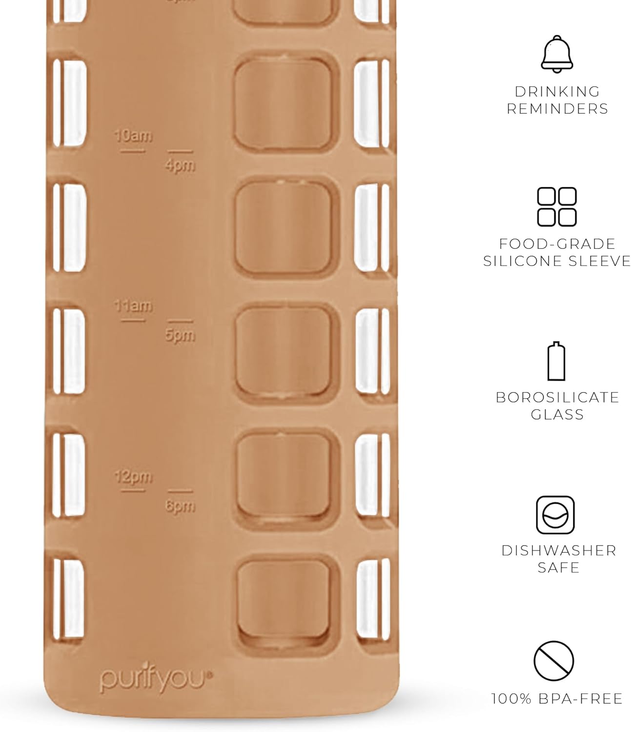 purifyou 40oz / 32oz / 22oz / 12oz Borosilicate Glass Water Bottle with Time & Volume Markers, Silicone Sleeve, Stainless Steel Lid – Reusable Glass Bottle for Water & Juice (32oz Iced Coffee)