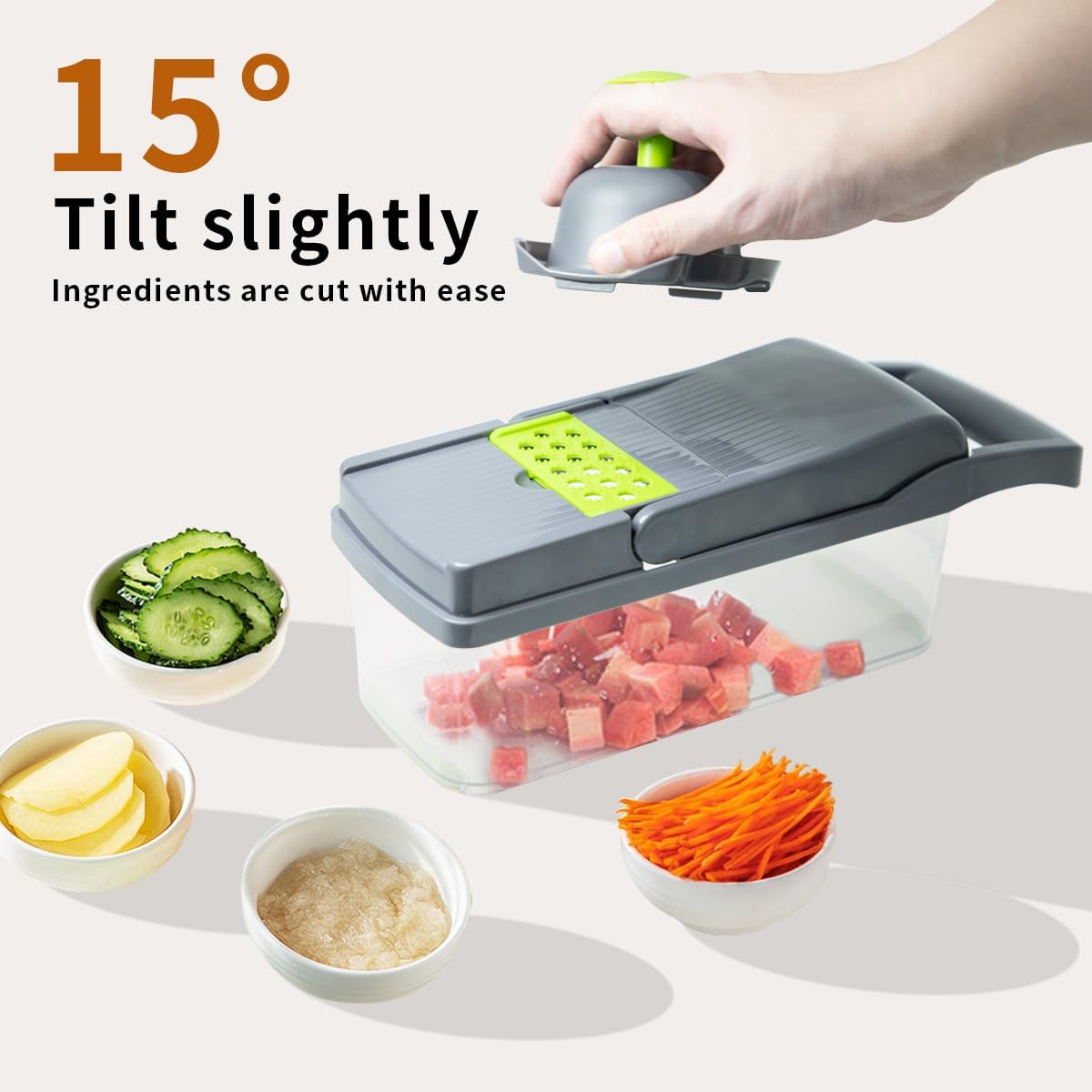 Vegetable Chopper Kit, Stainless Steel Blades, with Veggie Pusher, Grating & Pattern Cutting Blades, Catch Basin & Wash Basket, Safety Lock, Dishwasher Safe Kitchen Gadget