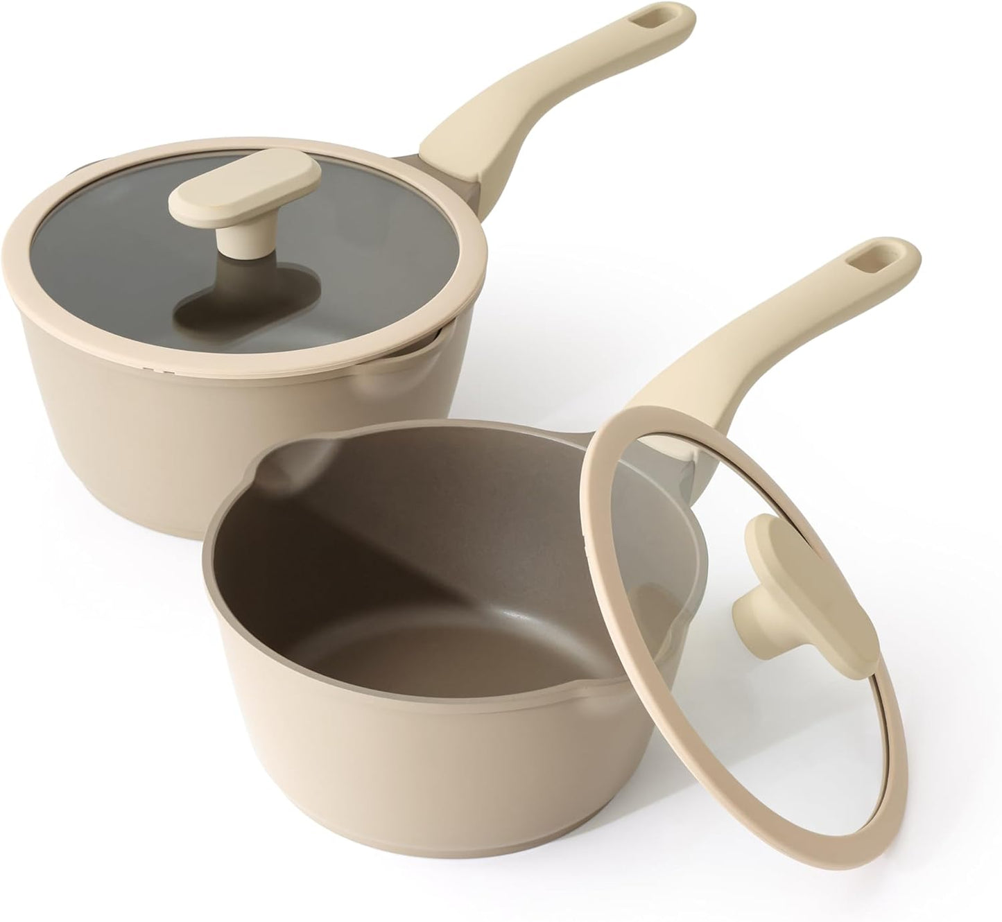 PRICUSIS Nonstick Saucepan Set with Lids, 2QT and 2.7QT Sauce Pan Set, Non Toxic Sauce Pots with Pour Spouts for Multipurpose Use, PFOA Free, Induction Compatible Apricot