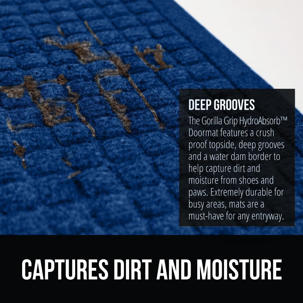GORILLA GRIP Front Door Mat, Indoor Outdoor Ultra Absorbent HydroAbsorb Doormat, Absorbs Up to 1.7 Cups of Water, Stain and Fade Resistant, Rubber Backing Doormats, Captures Dirt, 29x17 Blue