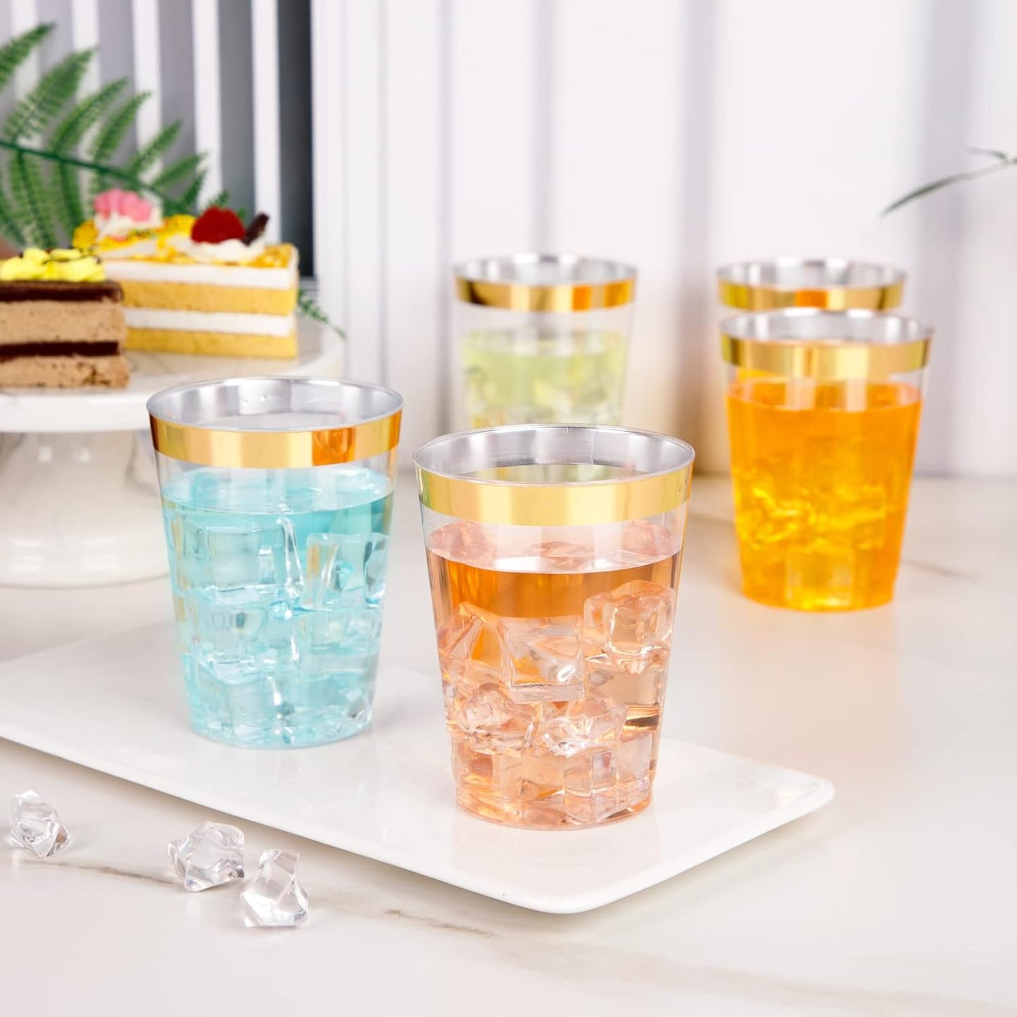 I00000 200 Pack Gold Plastic Cups, 10 oz Clear Plastic Cups Gold Rimmed Disposable Wine Glasses Fancy Disposable Party Cups Wedding Cups Drinking Tumblers Plastic Cocktail Glasses with Gold Rim