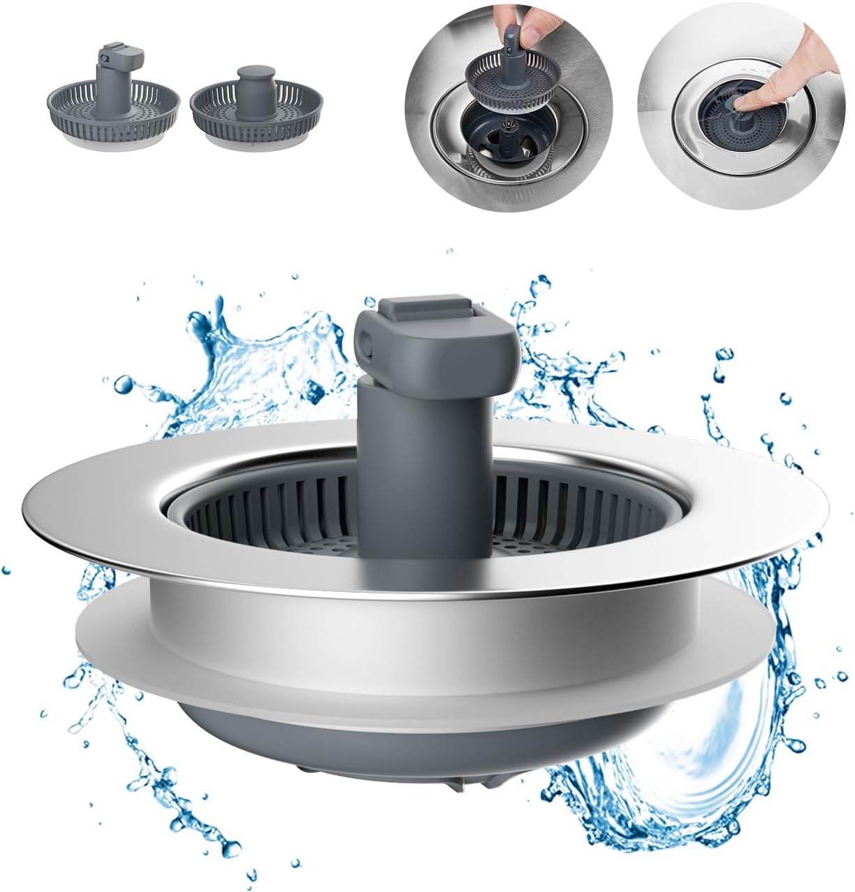 Hibbent 3 in 1 Kitchen Sink Drain Strainer and Stopper Combo, Chrome Stainless Steel Wraped Shell, 3 Anti-Clogging Basket Strainer with Foldable Handle for US Standard 3-1/2" Drain