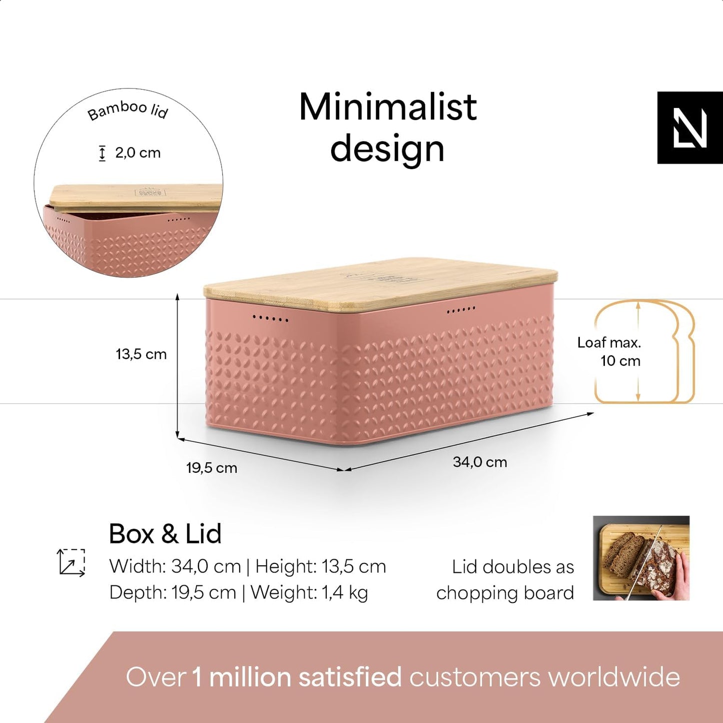 LARS NYSØM Bread Box I Metal Box with linen bag for long lasting freshness I Bread Bin with bamboo lid usable as cutting board I 13.4x7.3x5.3In (Brick Red)