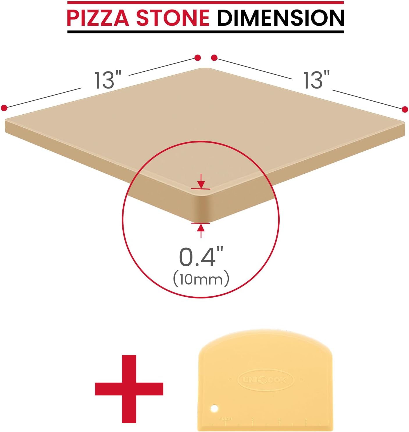 Unicook Pizza Stone for Oven and BBQ Grill, 13 Inch Square Baking Stone for Bread, Cordierite Thermal Shock Resistant Pizza Making Accessory for Oven and Grill, Including Dough Scraper