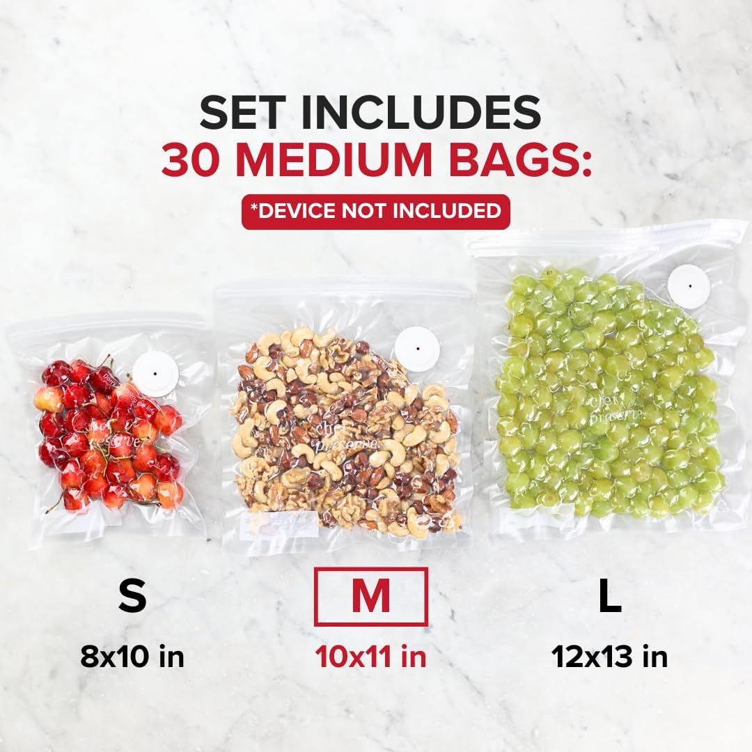 Chef Preserve Reusable Vacuum Sealer Bags for Food – 30 BPA-Free Medium (10 x 11 in) Food Storage Bags, Freezer, Microwave – Odor-Resistant, Leak-Proof – Compatible with Chef Preserve Vacuum Sealers