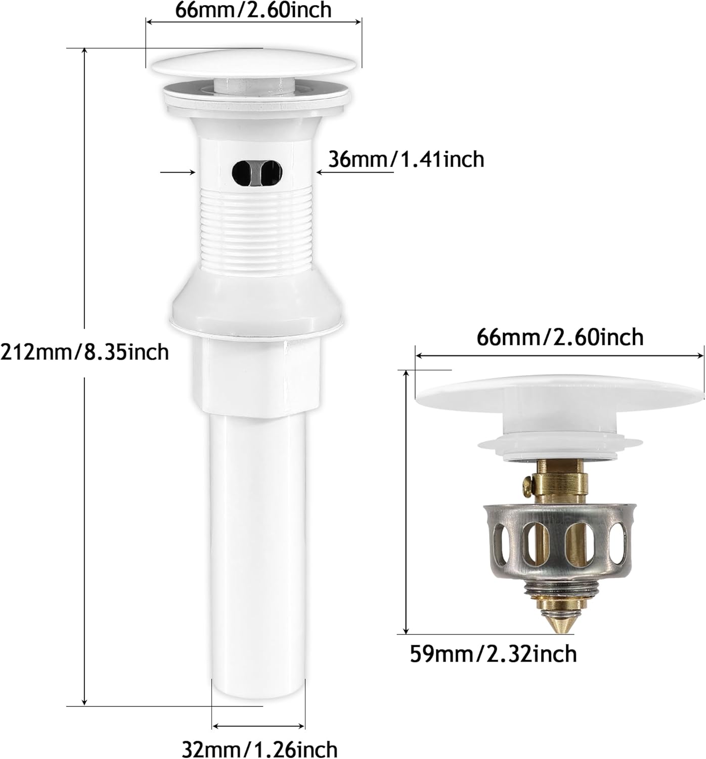 Bathroom Sink Drain,Drain Stopper Bathroom Sink with Overflow,Pop Up Drain Assembly with Detachable Strainer Basket,Built-in Anti-Clogging, Stainless Steel Nut White