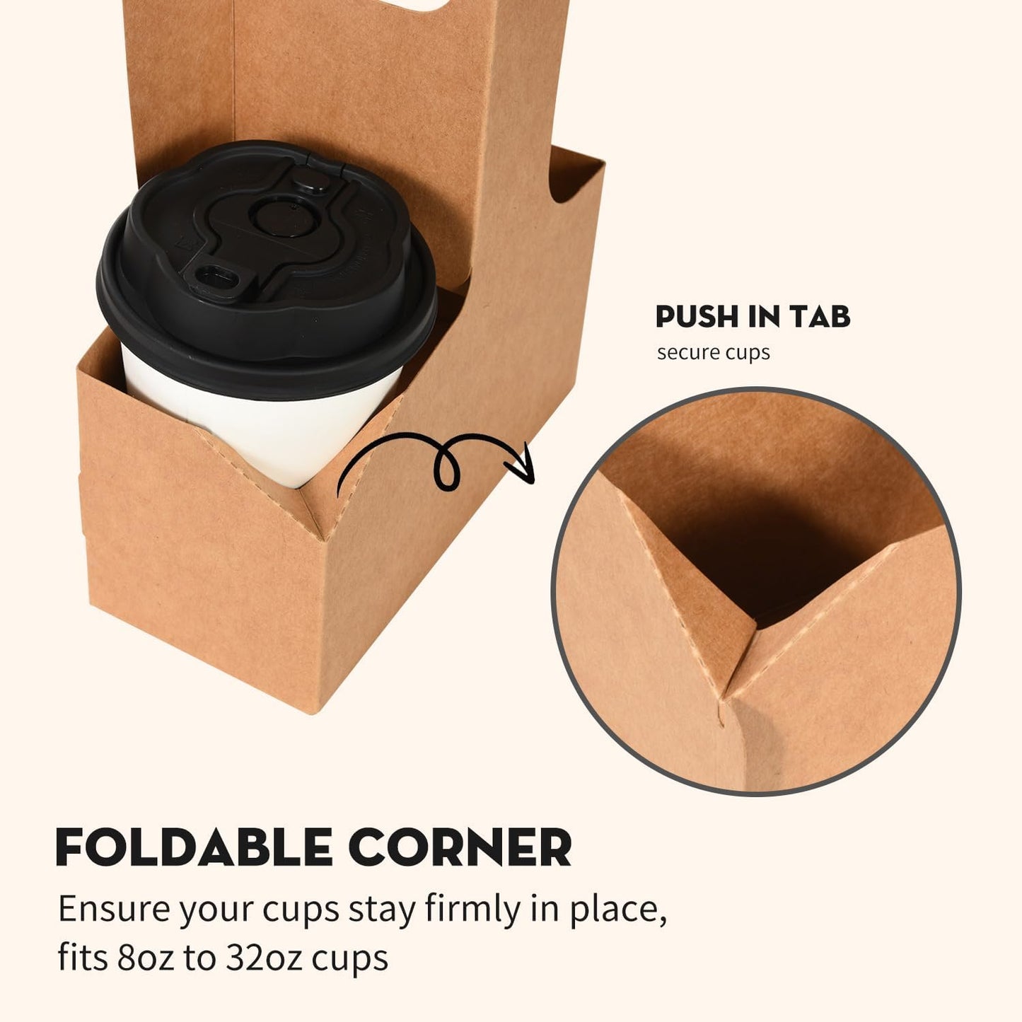 Lamido 100 Pack Disposable Kraft Drink Carrier with Handle, Assemblable Paper Cup Holder for 2 Cups or 4 Cups, Fit 8-32 oz Cups, to-Go Coffee Cup Holder for Food Delivery