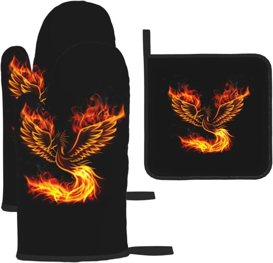 Fire Phoenix Oven Mitts and Pot Holders Set Funny Heat Resistant Microwave Oven Gloves for BBQ Baking Grilling Cooks Kitchen Decor 3 Piece