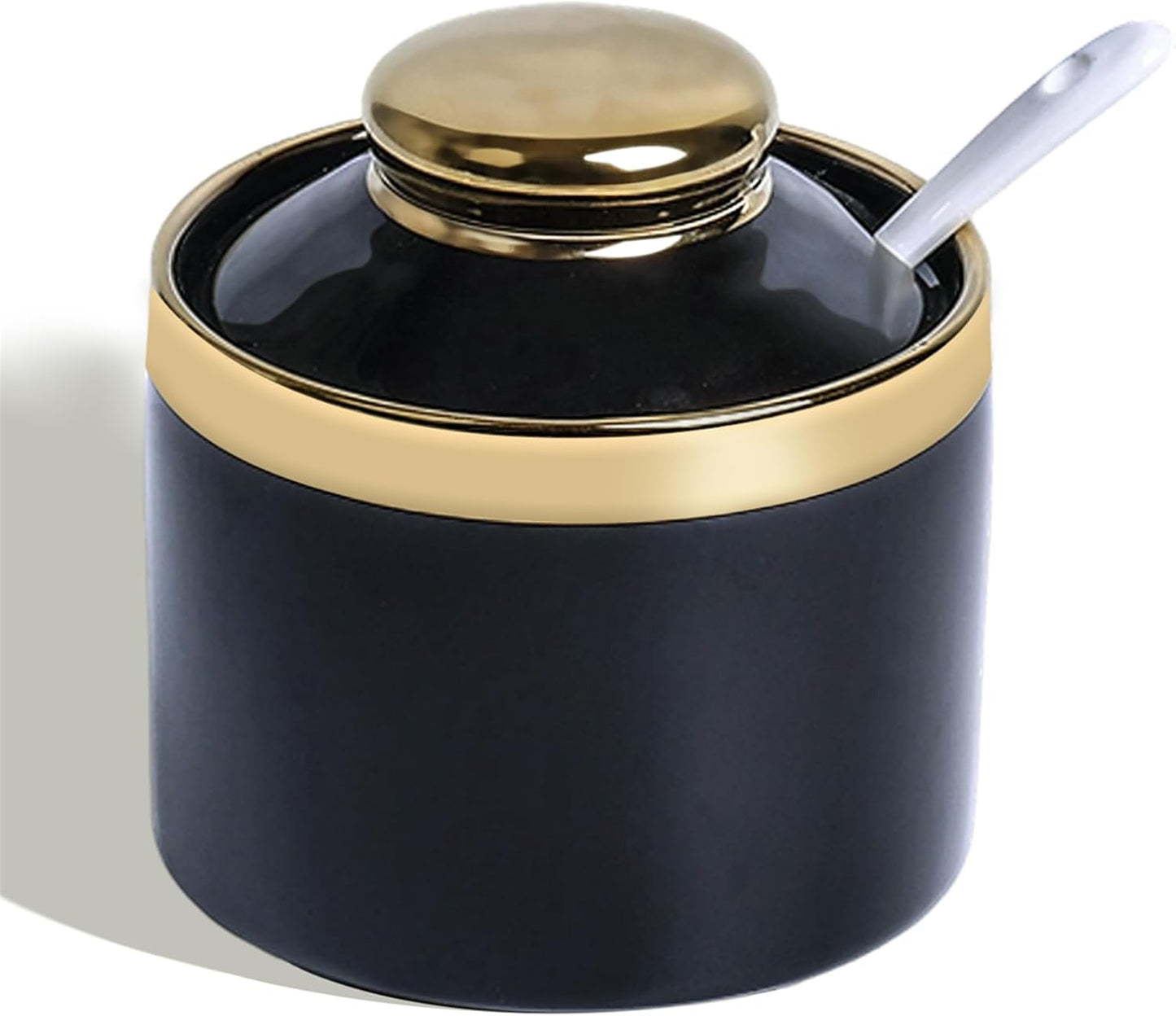 HAOTOP 8 oz Sugar Bowl with Lid and Spoon, Simple Ceramic Sugar Jar Sugar Dispenser Sugar Container Coffee Bar Accessories, Modern Kitchen Countertop Canisters, Black