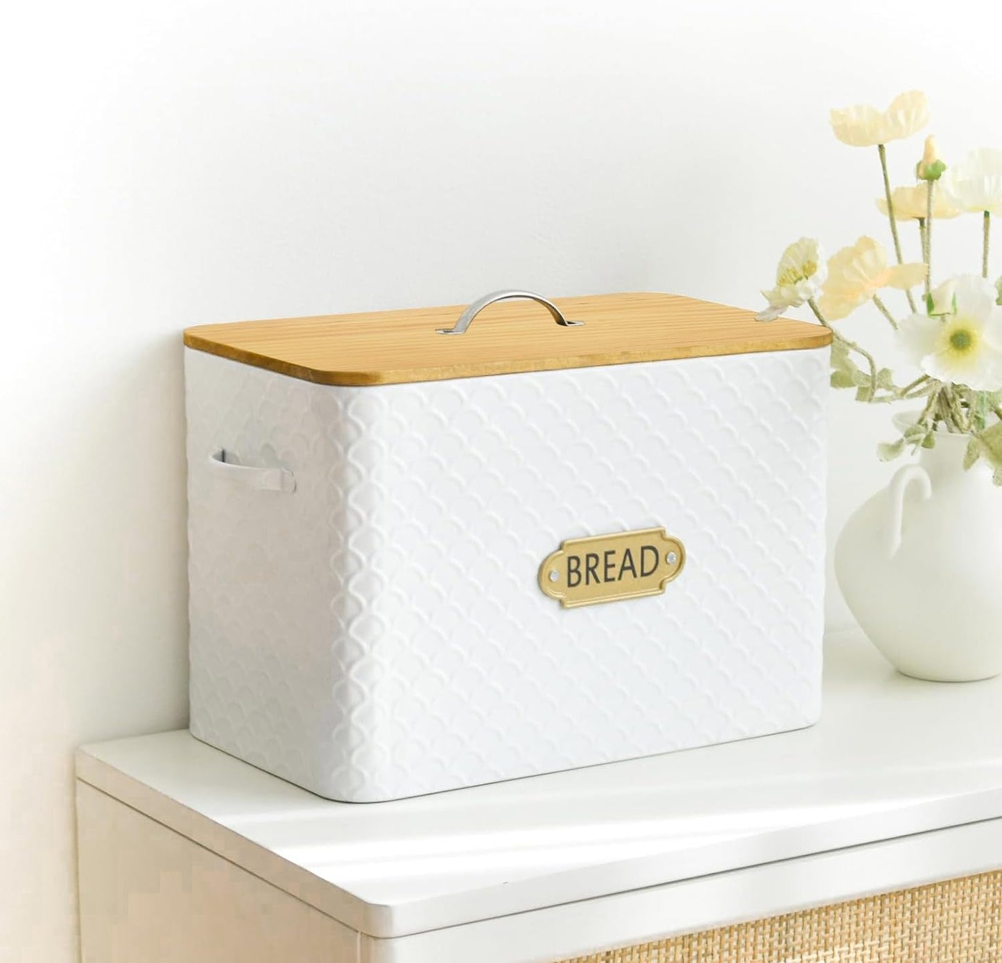 Extra Large Space Saving Farmhouse Bread Box With Wood Lid - Holds 2 Loaves - Vertical Breadbox Bread Storage Bin Holder for Kitchen Countertop, White