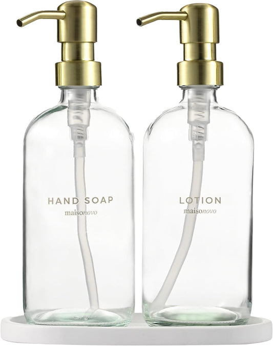 MaisoNovo Soap Dispenser 3-Piece Set | 16.9oz Clear Bottles with Gold Stainless Steel Pumps