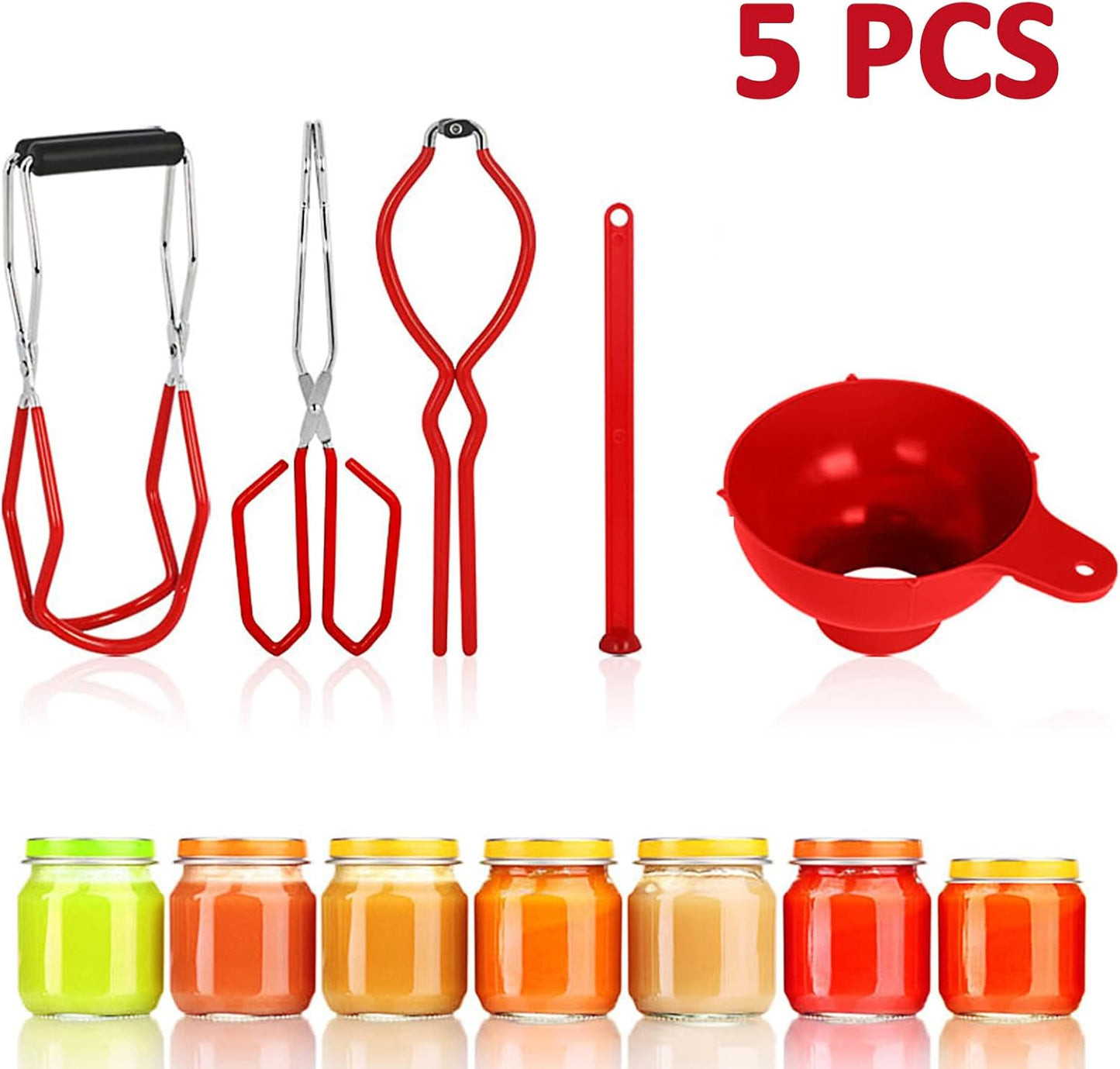 5PCS Canning Supplies Canning Kit, Canning Essentials Set Include Tongs, Wide Mouth Funnel, Jar Lifter, Jar Wrench, Magnetic Lid Lifter, Stainless Steel Anti-Scald Clip Suit (Red)