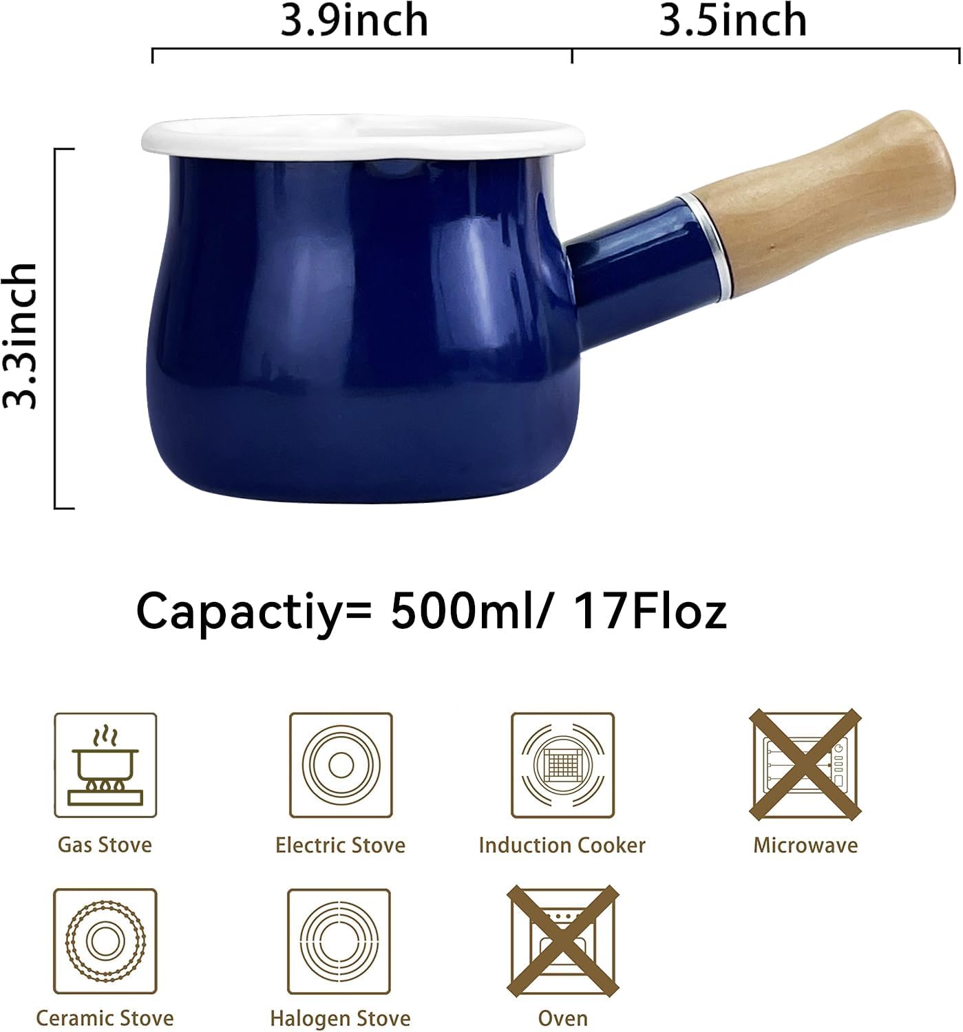 Enamel Milk Pot, Small Enamel Saucepan Milk Pot Butter Warmer 4 Inch 17 Oz Enamel Small Sauce Pan with Wooden Handle, Perfect Size for Heating Smaller Liquid Portions. (Blue）