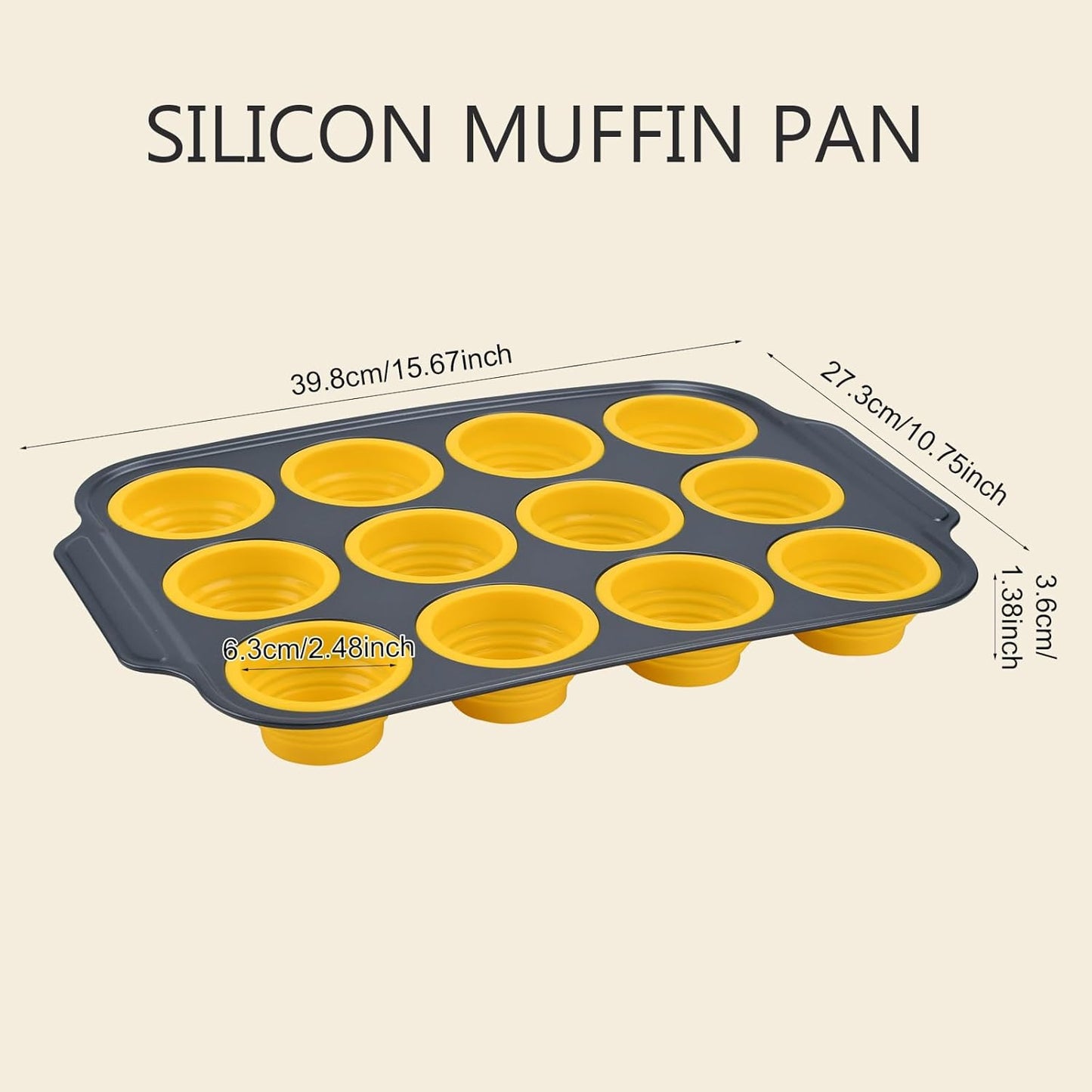 Silicone Muffin Pan, 12 Cups Cupcake Pans with Metal Frame Nonstick Muffin Tins Easy to Pop Out for Baking Cupcake Egg Bites BPA-free Cupcake Pan Mold (12 Cups Yellow)