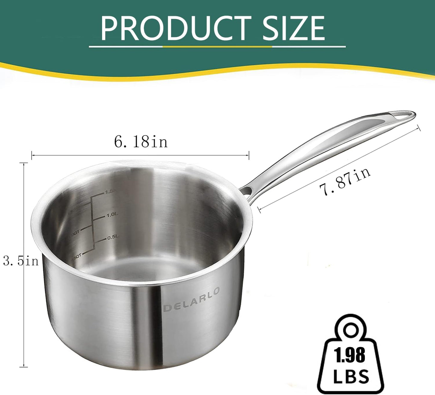 DELARLO Tri-Ply Stainless Steel 1 Quart Saucepan with Lid, Compatible With All Stove 600℉, Small Pots for Cooking, Fast Even Heats, Stainless Pot 1QT, Durable Sauce Pot, Saucepan with Lid