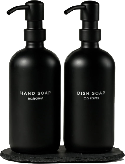 MaisoNovo Soap Dispenser 3-Piece Set | 16.9oz Black Bottles with Black Stainless Steel Pumps