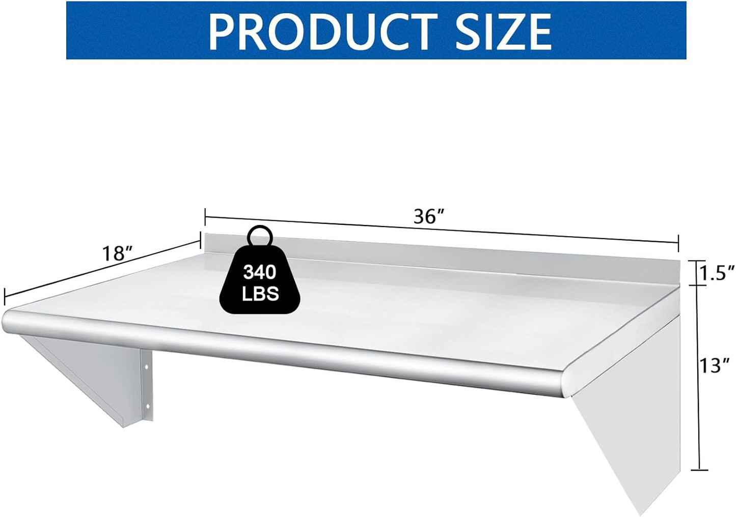 HARDURA Stainless Steel Shelf 18" x 36", 340lb Commercial Shelves Wall Mount Metal Shelving with Backsplash and Brackets for Kitchen, Restaurant, Laundry Room and Home